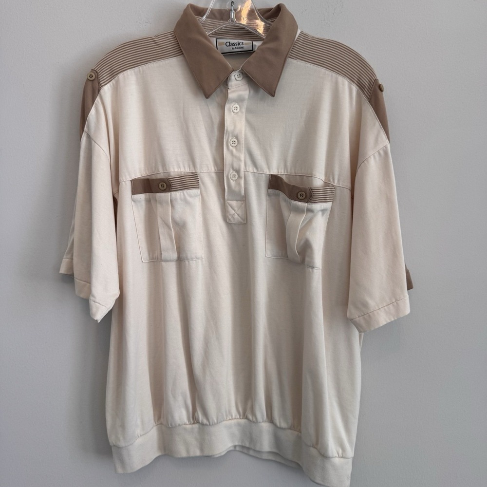 Vintage Classics by Palmland Mens XL Banded Bottom Polo Shirt Cream Brown